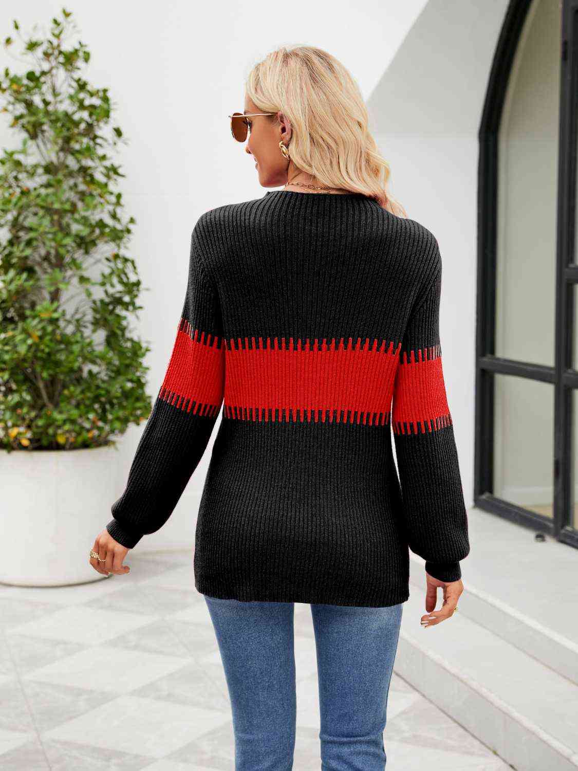 Contrast Round Neck Sweater - Deals DejaVu