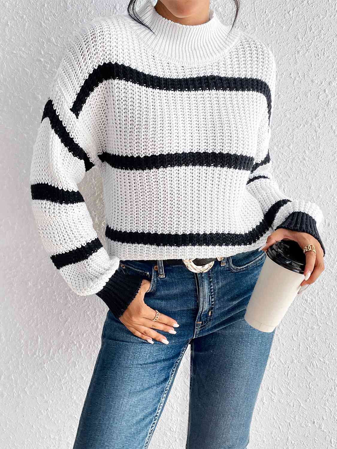 Striped Mock Neck Sweater - Deals DejaVu