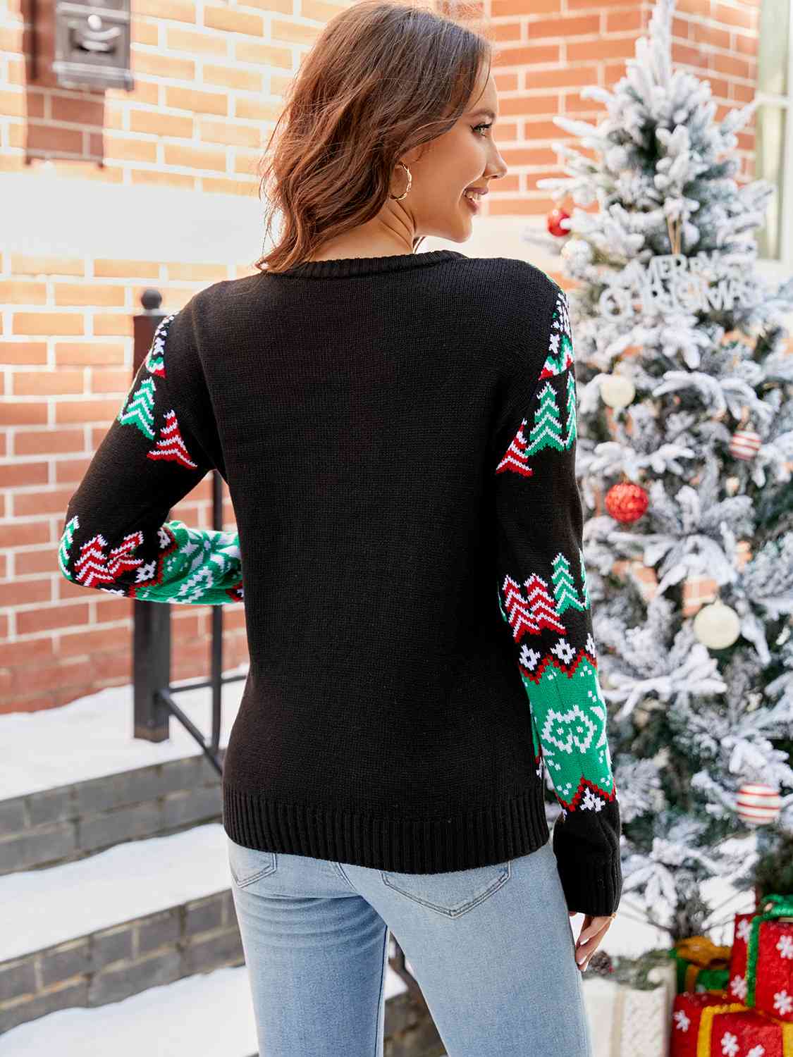 Round Neck Long Sleeve T.Rex Pattern Sweater - Deals DejaVu