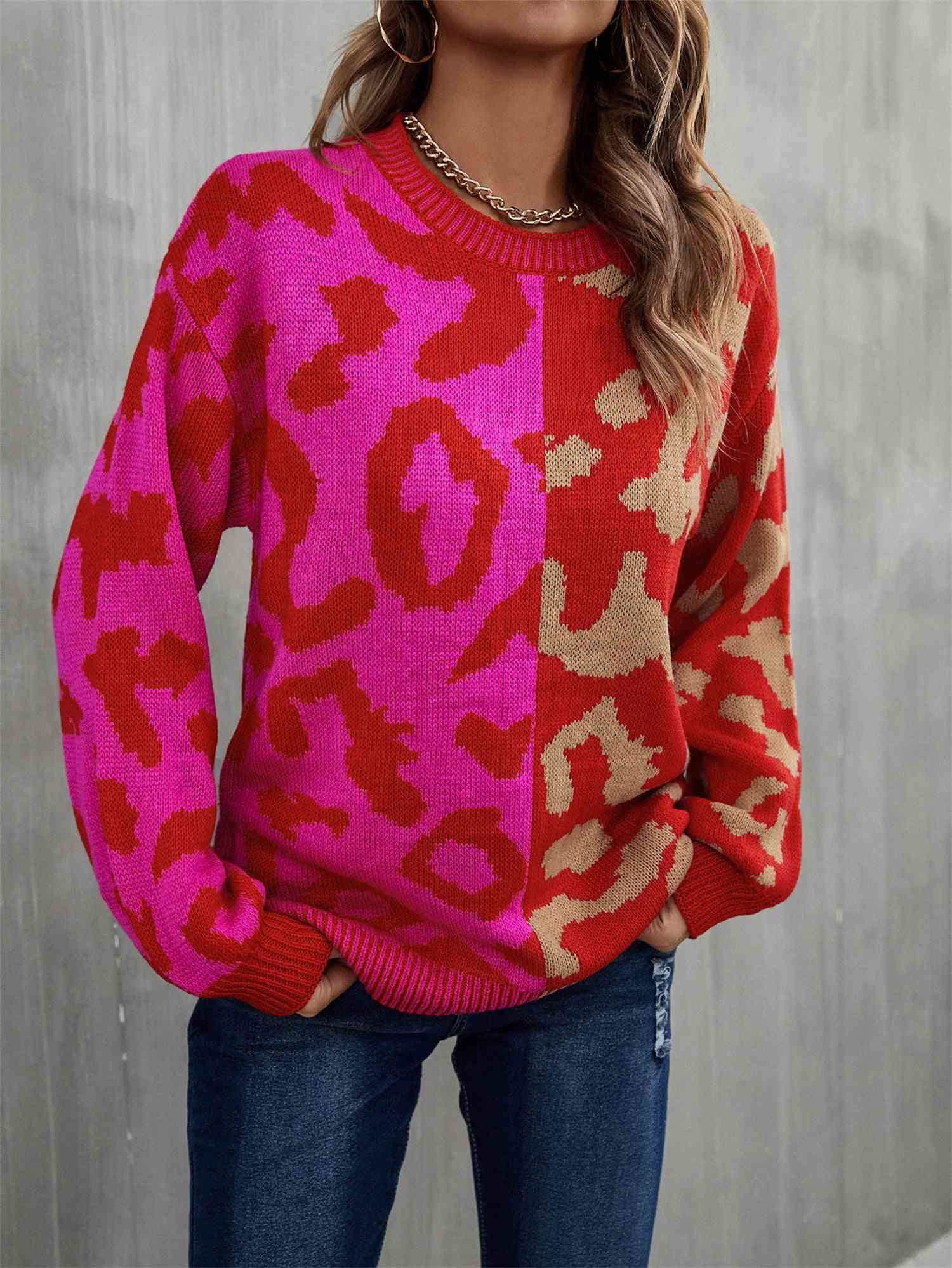 Round Neck Contrast Color Dropped Shoulder Sweater - Deals DejaVu