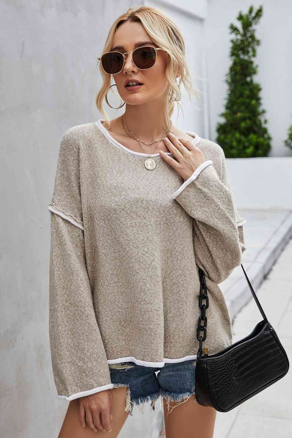 Round Neck Dropped Shoulder Sweater - Deals DejaVu