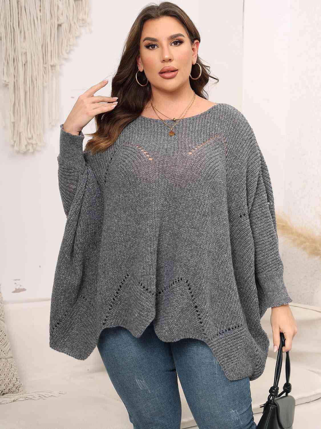 Plus Size Round Neck Batwing Sleeve Sweater - Deals DejaVu