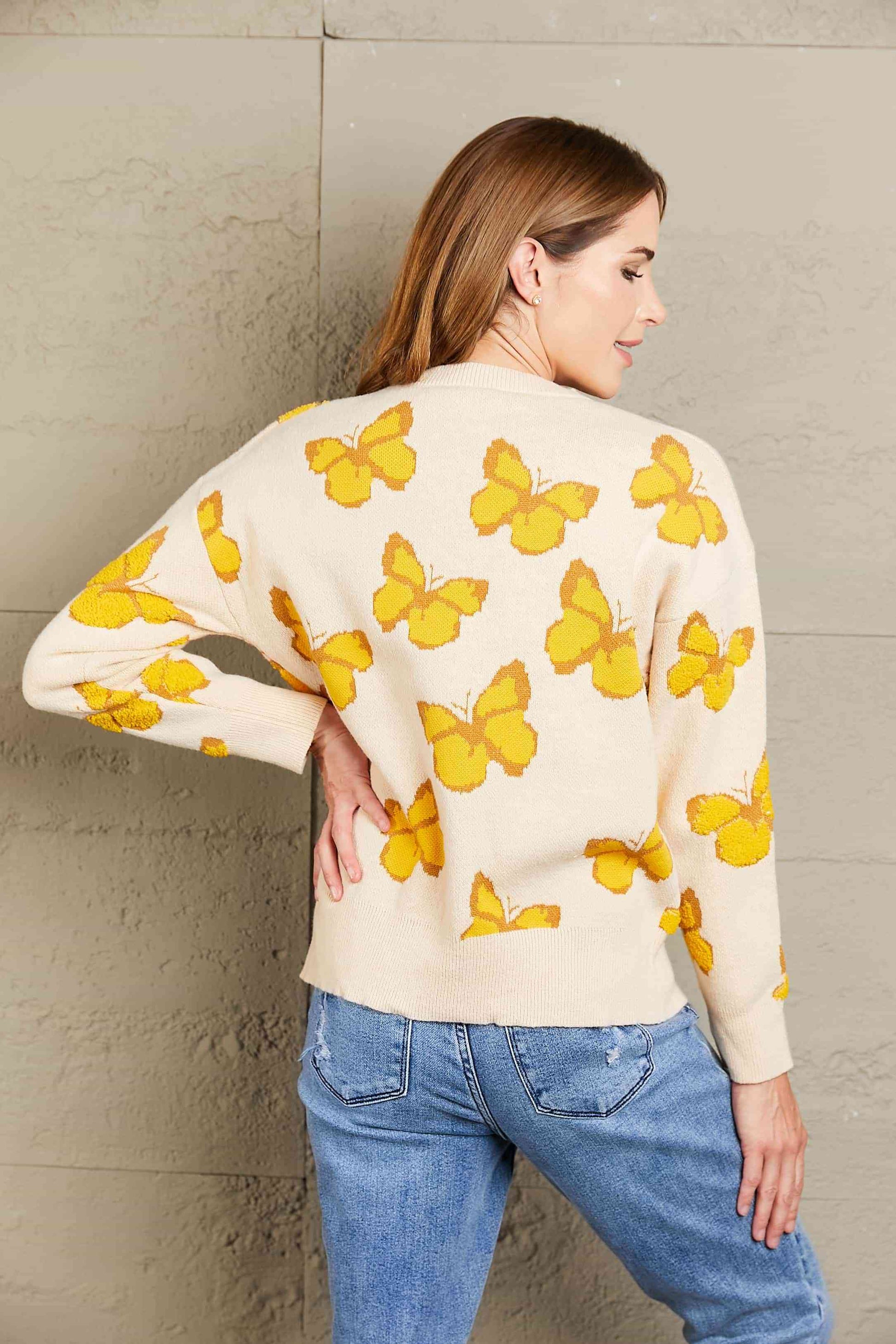 Woven Right Butterfly Dropped Shoulder Crewneck Sweater - Deals DejaVu