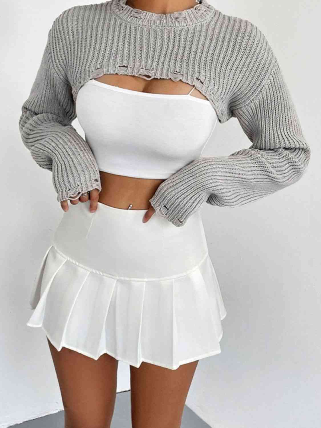 Distressed Long Sleeve Cropped Sweater - Deals DejaVu