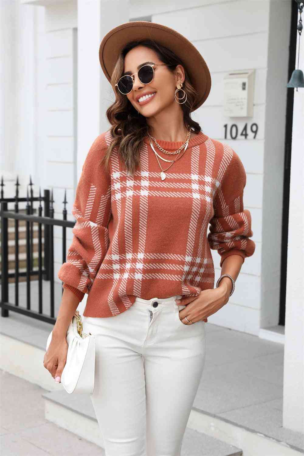 Printed Round Neck Dropped Shoulder Sweater - Deals DejaVu