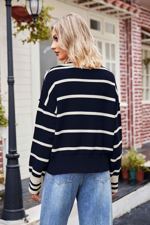 Striped Johnny Collar Sweater - Deals DejaVu