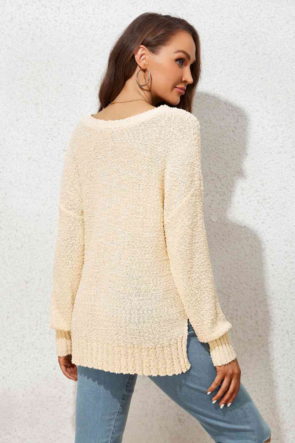 V-Neck Drop Shoulder Slit Sweater - Deals DejaVu