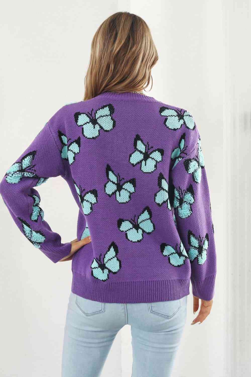 Butterfly Pattern Round Neck Dropped Shoulder Sweater - Deals DejaVu