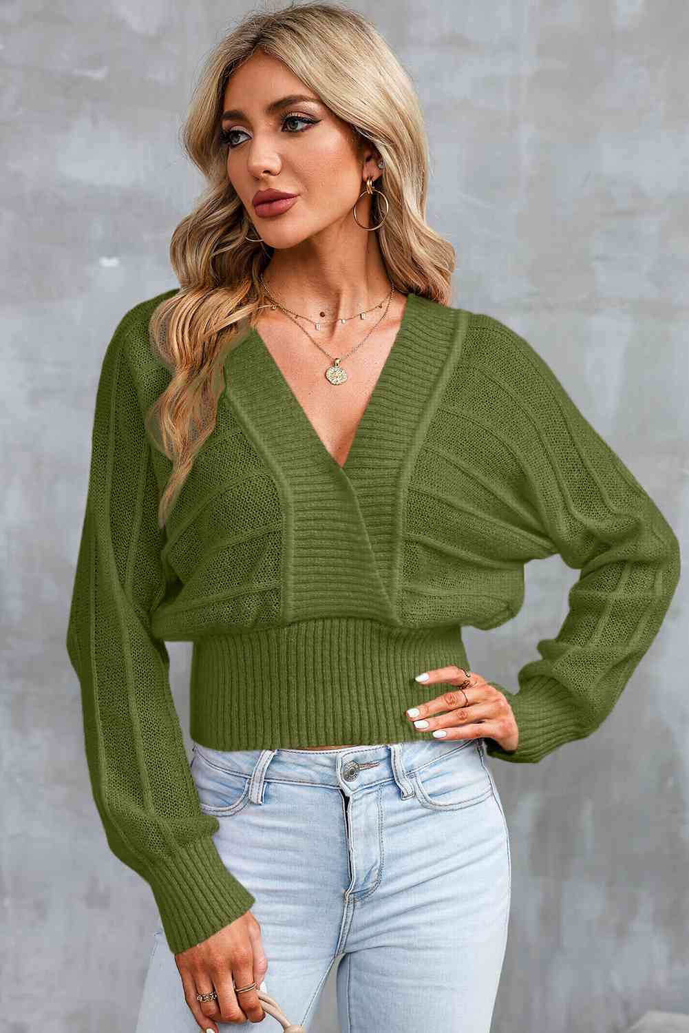 Surplice Neck Lace-Up Sweater - Deals DejaVu