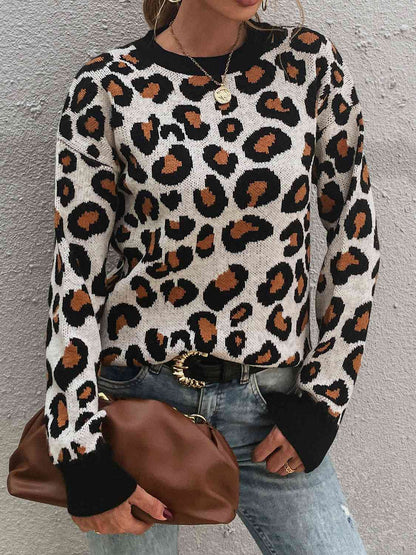 Leopard Round Neck Dropped Shoulder Sweater - Deals DejaVu