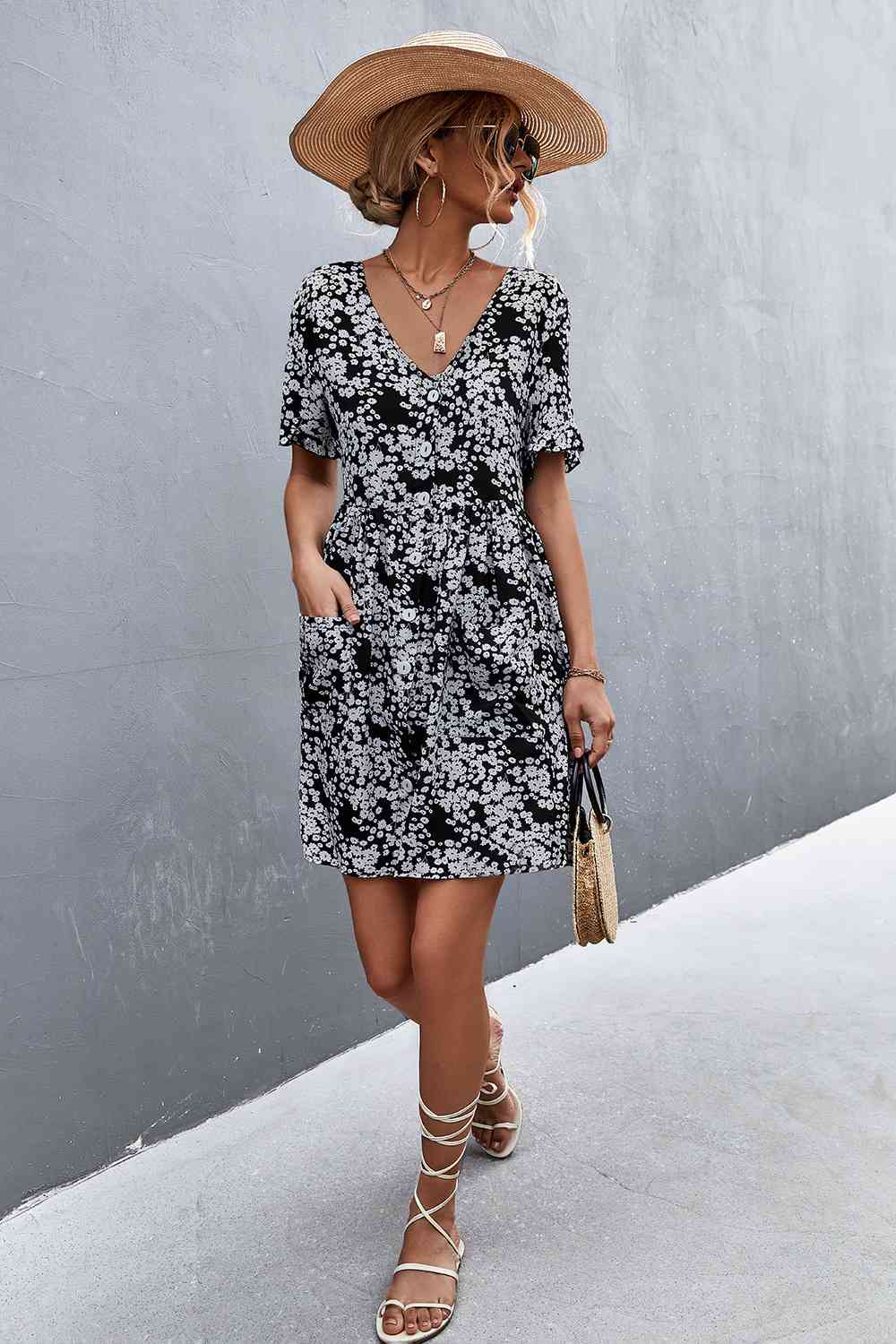 Printed Button down Pocketed Dress (MWBT) T - Deals DejaVu