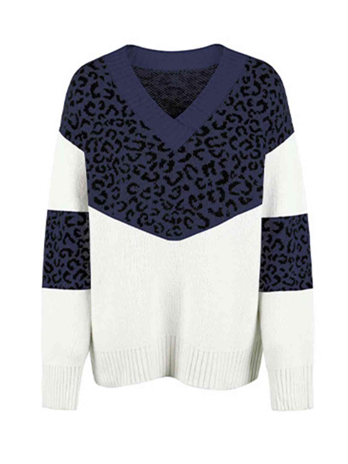 Leopard V-Neck Dropped Shoulder Sweater - Deals DejaVu