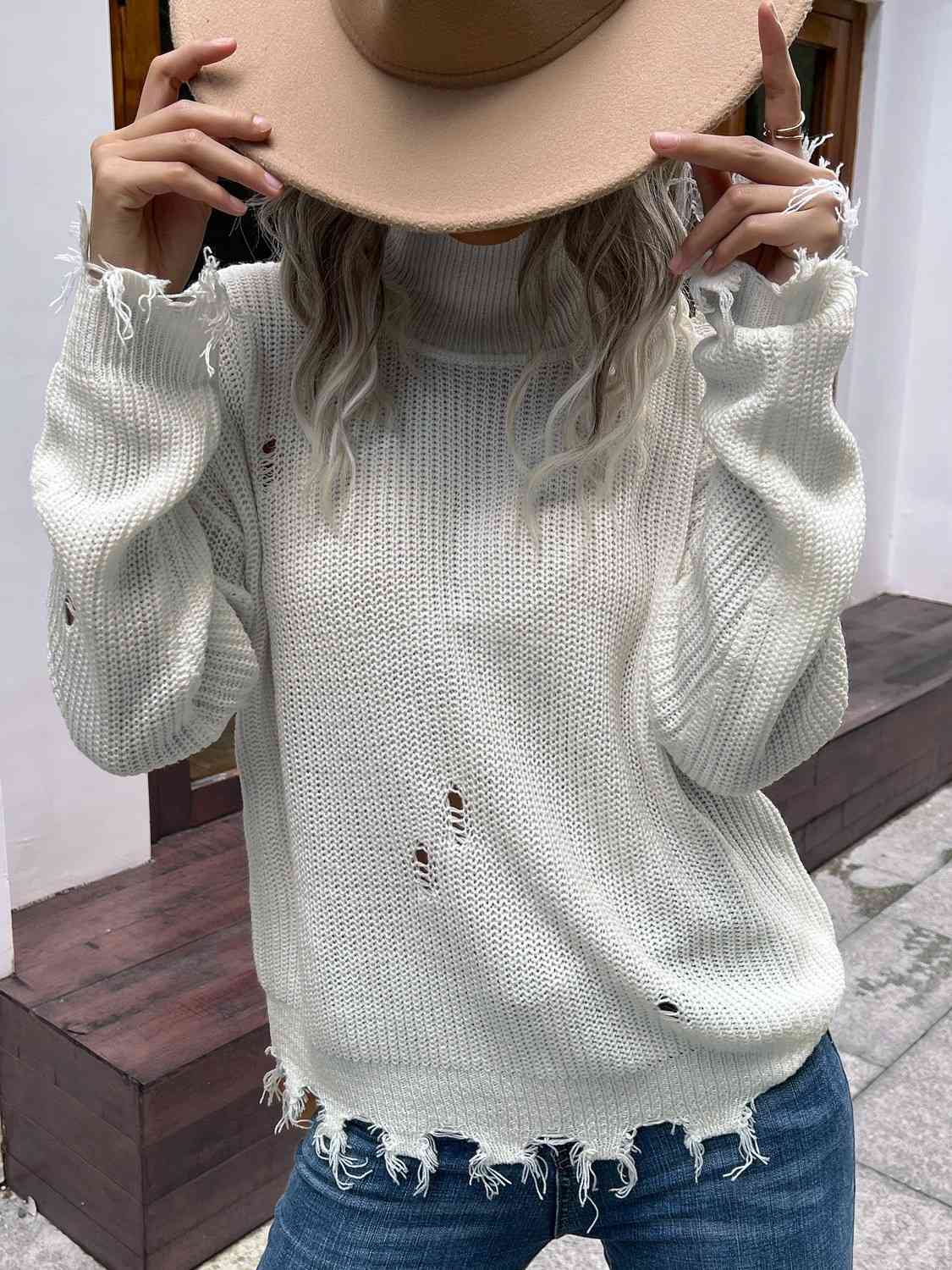 Distressed High Neck Cold-Shoulder Sweater - Deals DejaVu