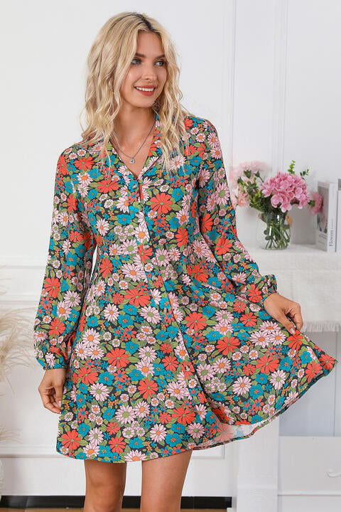 Floral Button Front Collared Neck Shirt Dress (MWBT) T - Deals DejaVu