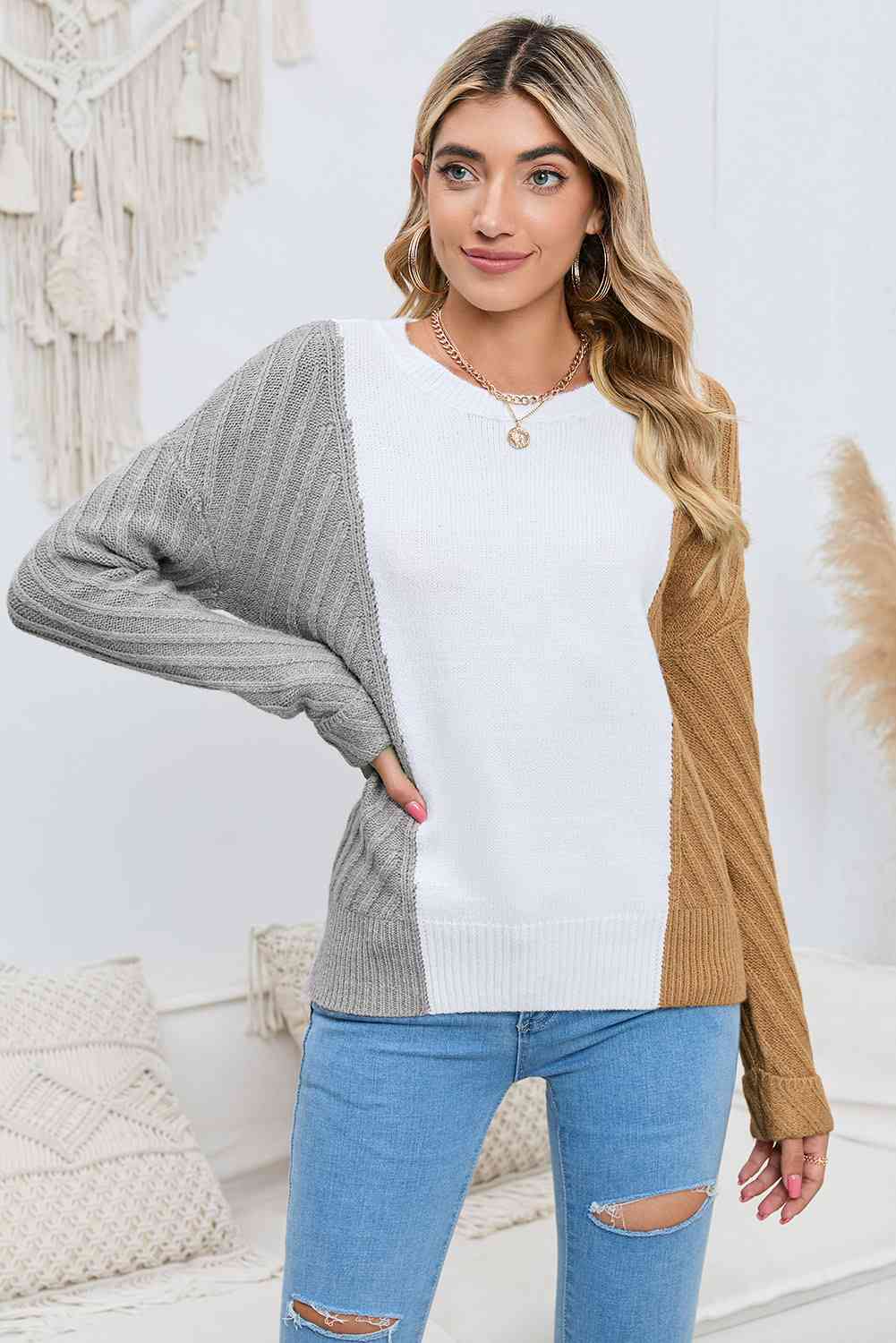 Contrast Color Dropped Shoulder Sweater - Deals DejaVu