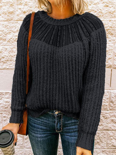 Round Neck Rib-Knit Sweater - Deals DejaVu