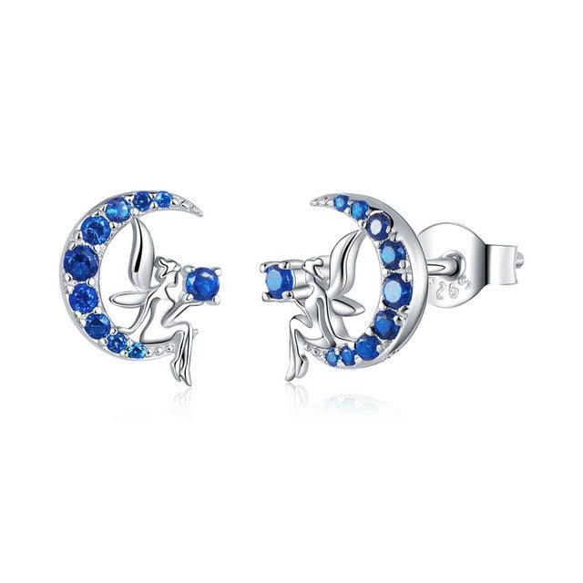 Cool Authentic 925 Sterling Silver Fairy on the Blue Moon Stud Earrings - Women Cute Jewelry (2JW1)(F81)
