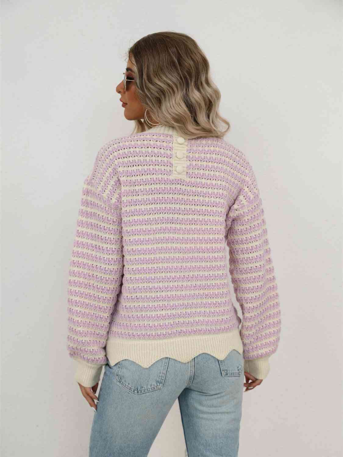 Striped Buttoned Round Neck Sweater - Deals DejaVu