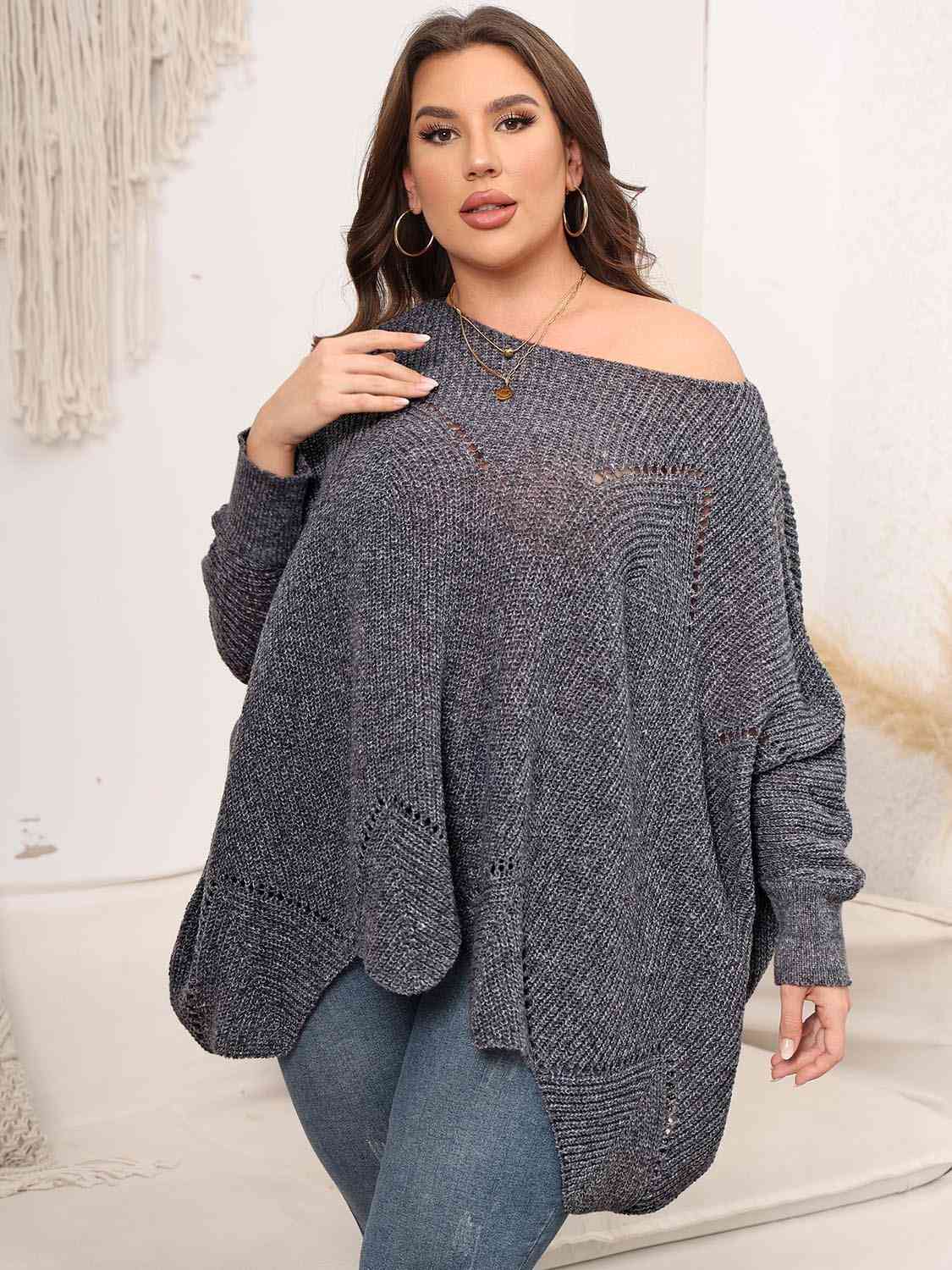 Plus Size Round Neck Batwing Sleeve Sweater - Deals DejaVu