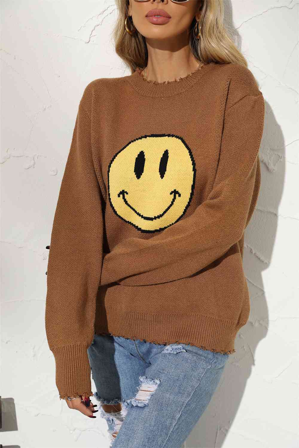 Round Neck Long Sleeve Smily Face Graphic Sweater (BFD) T - Deals DejaVu