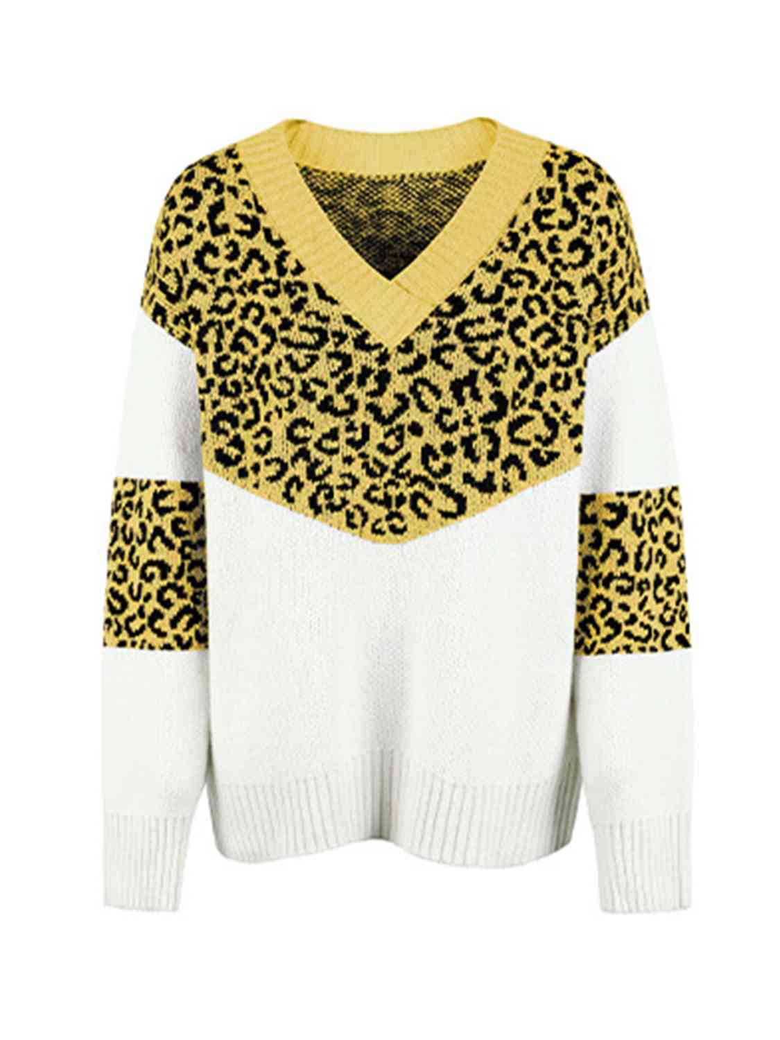 Leopard V-Neck Dropped Shoulder Sweater - Deals DejaVu