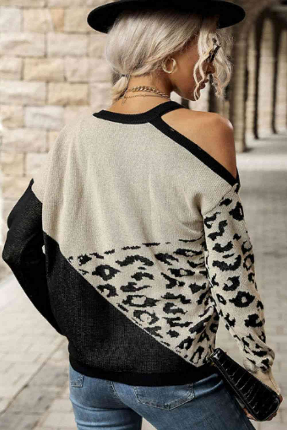 Leopard Color Block Cold-Shoulder Sweater - Deals DejaVu