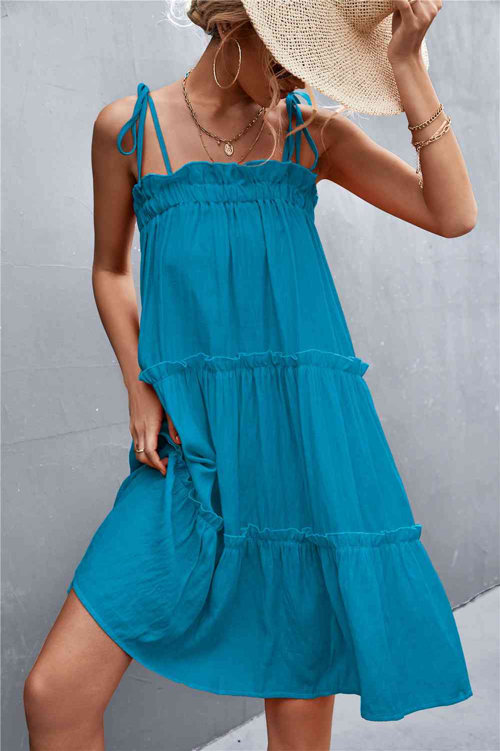 Tie-Shoulder Frill Trim Sleeveless Dress - Deals DejaVu