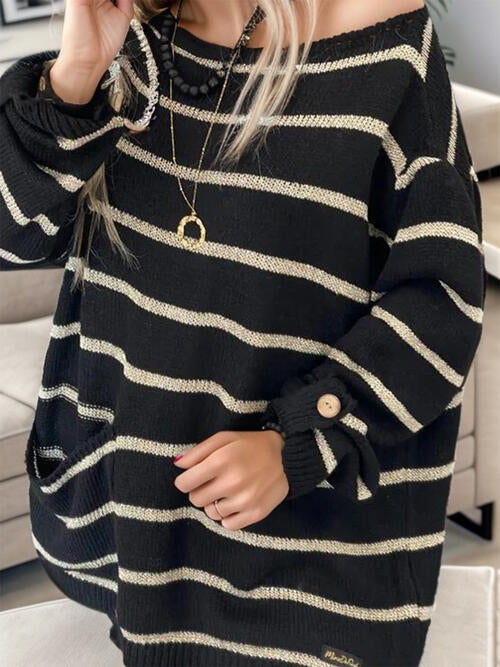 Striped Buttoned Long Sleeve Sweater with Pocket - Deals DejaVu