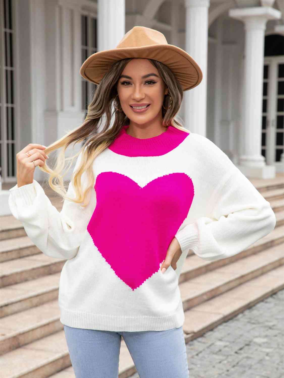 Heart Graphic Round Neck Sweater - Deals DejaVu