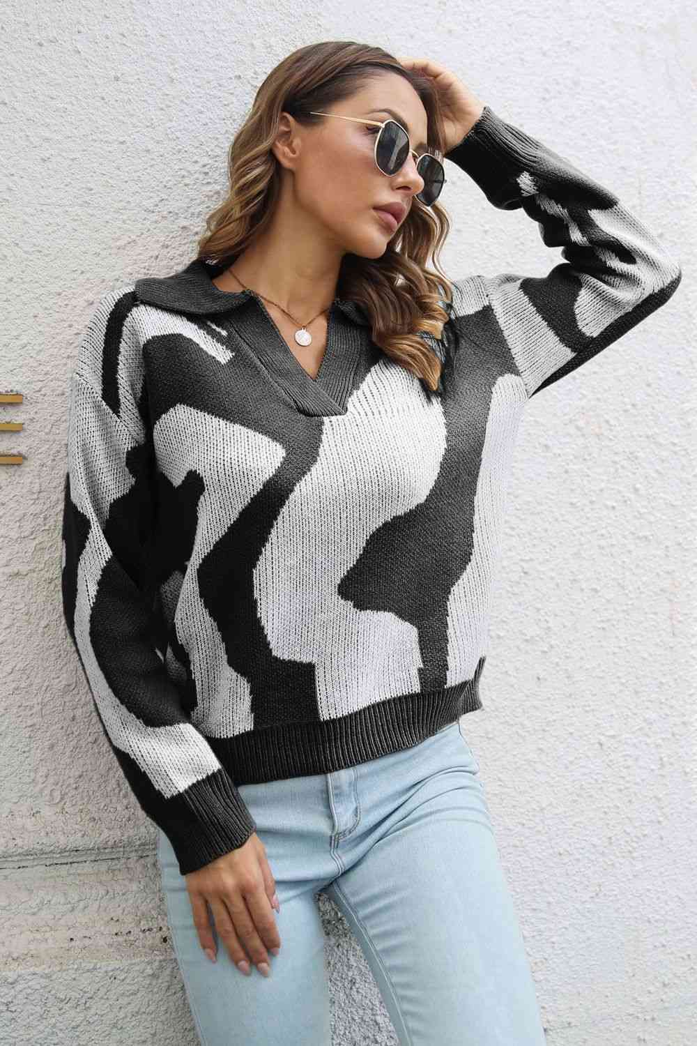 Two-Tone Johnny Collar Dropped Shoulder Pullover Sweater - Deals DejaVu