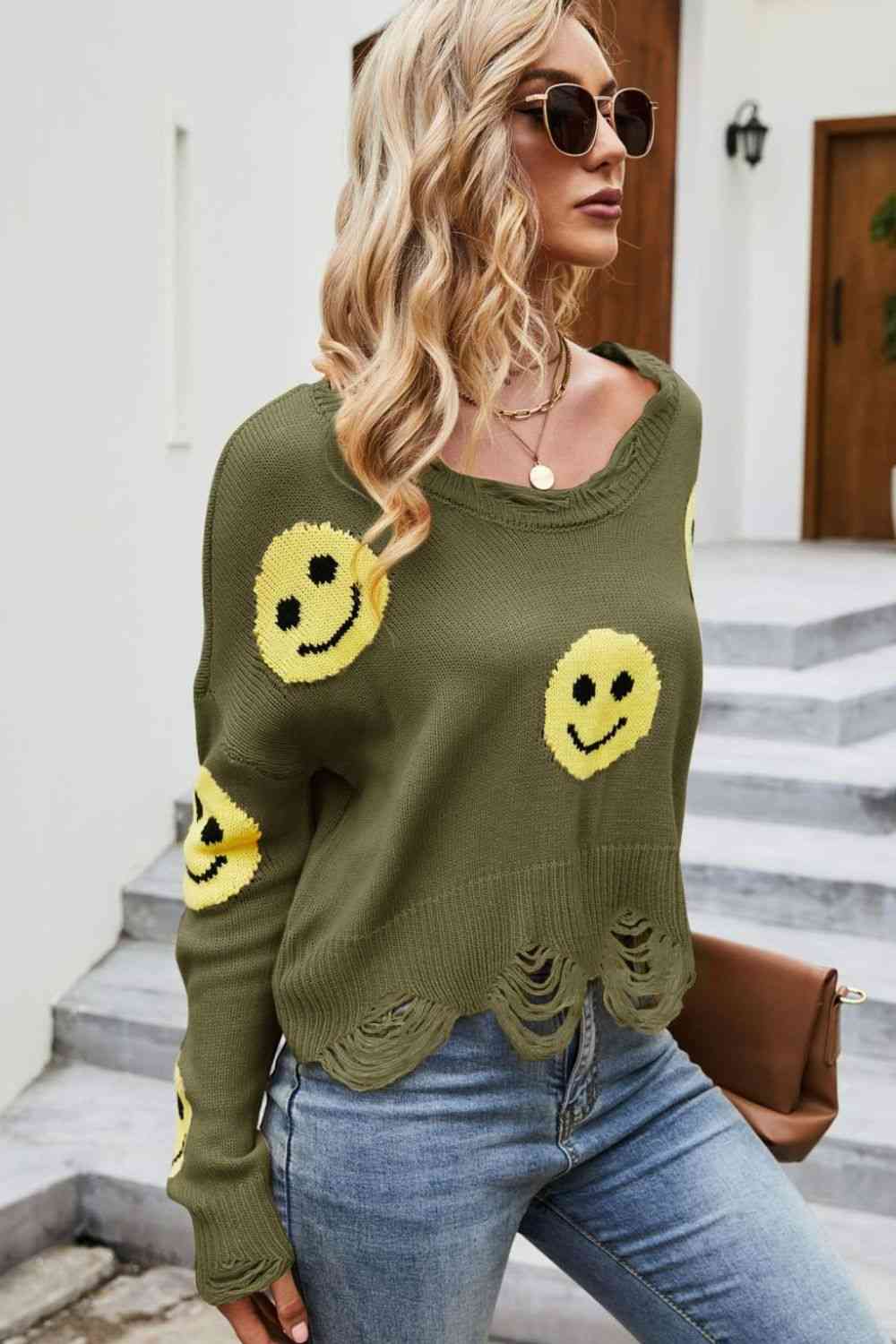 Smiley Face Distressed Round Neck Sweater - Deals DejaVu