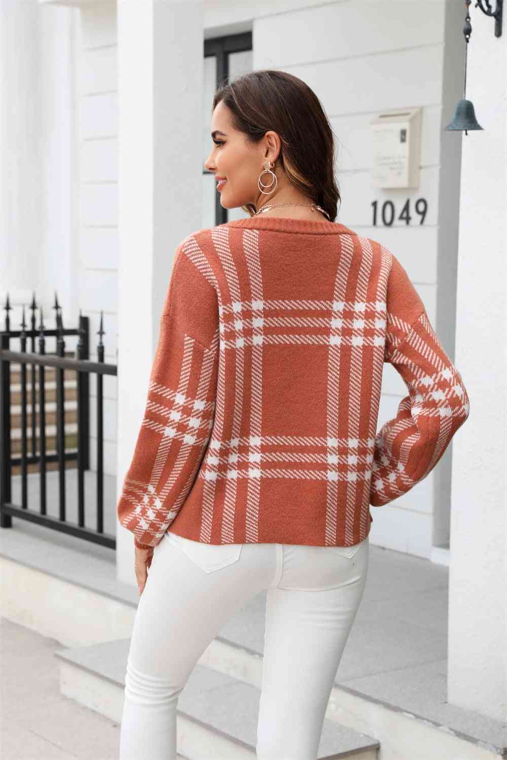 Printed Round Neck Dropped Shoulder Sweater - Deals DejaVu