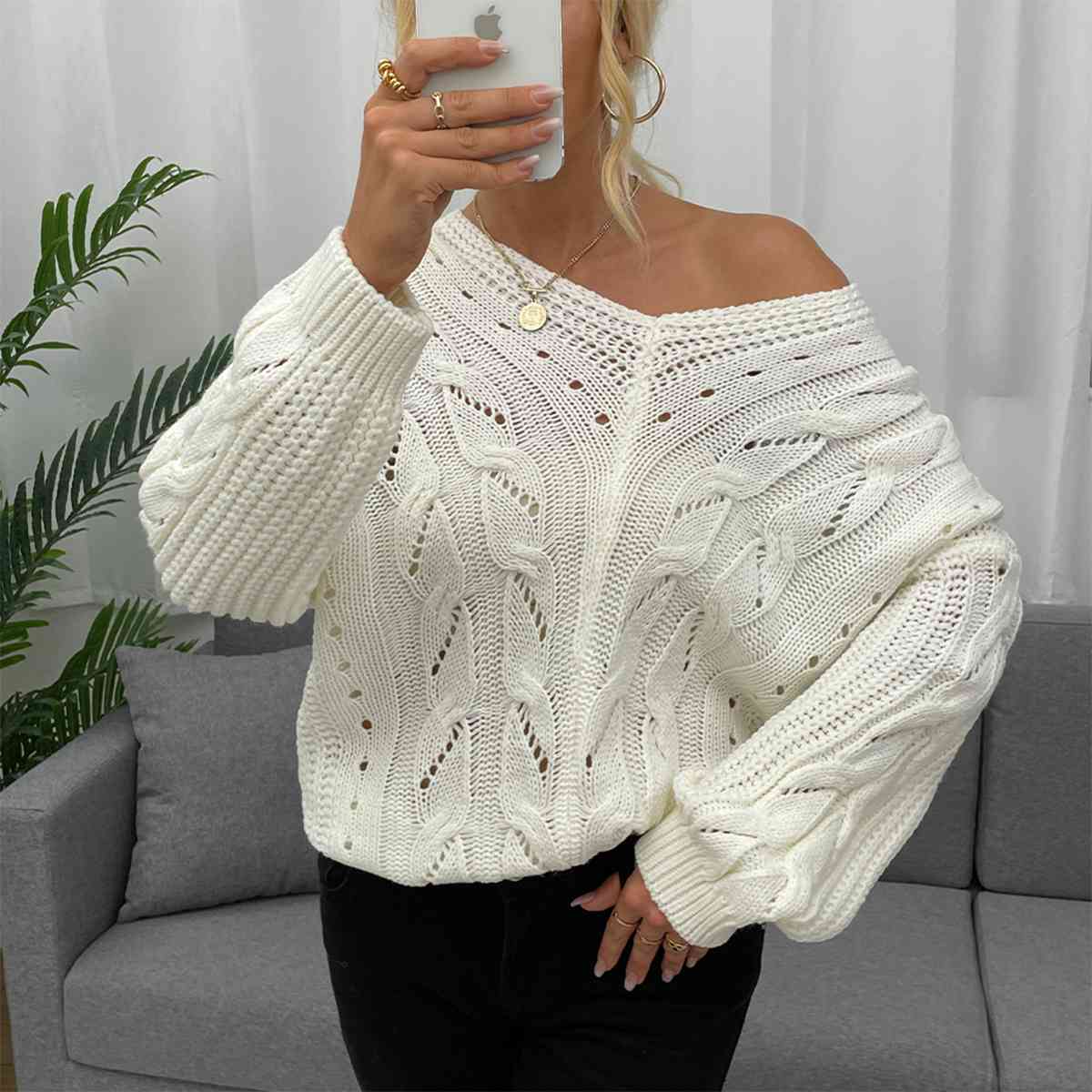 Openwork V-Neck Long Sleeve Sweater