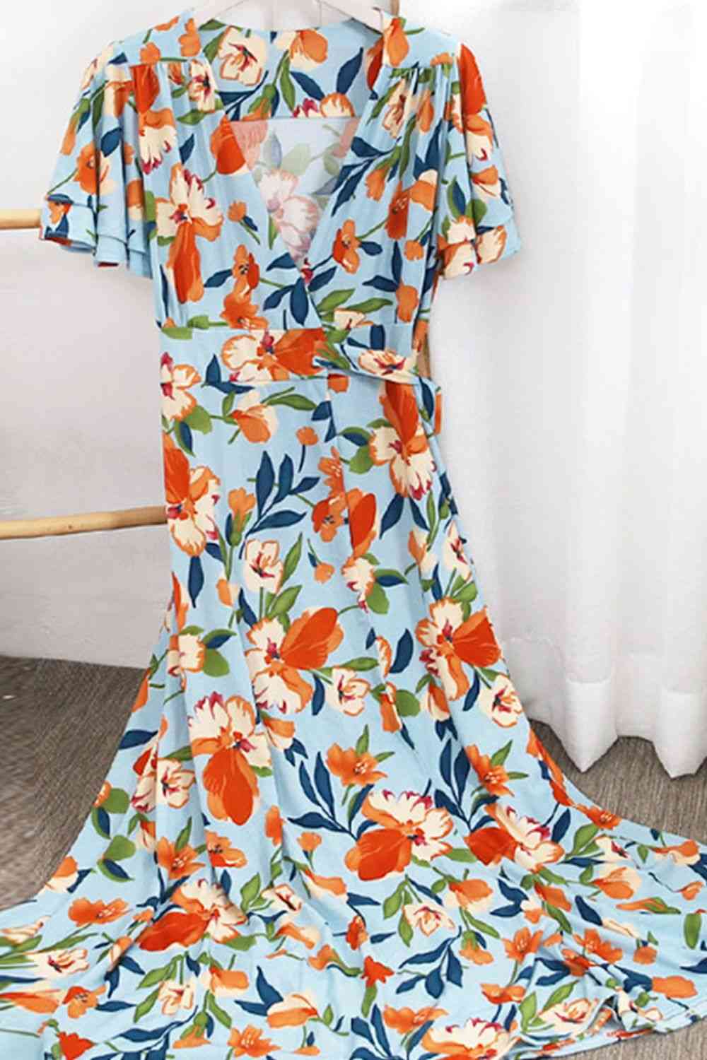 Plus Size Floral Surplice Neck Flutter Sleeve Dress (MWBT) T - Deals DejaVu