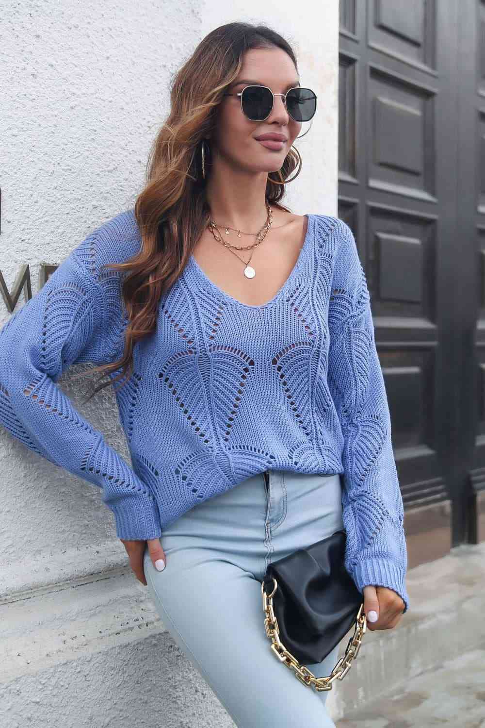 Openwork V-Neck Dropped Shoulder Sweater - Deals DejaVu