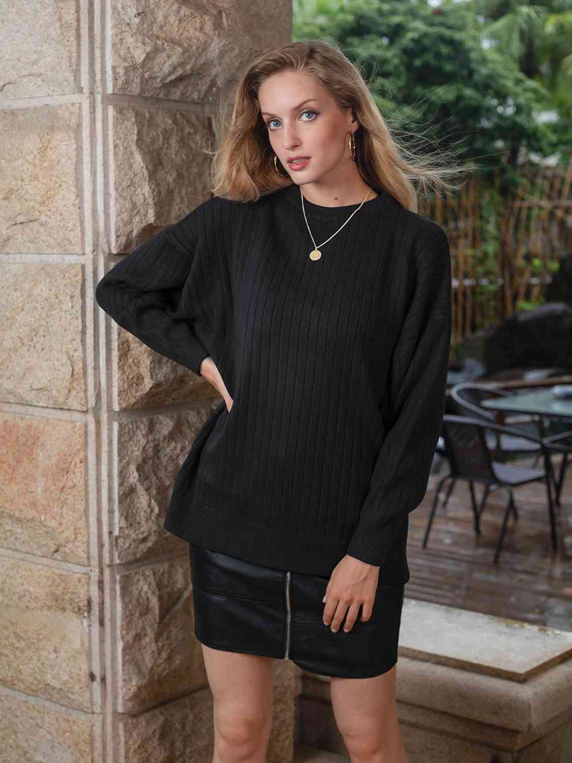 Round Neck Dropped Shoulder Sweater - Deals DejaVu