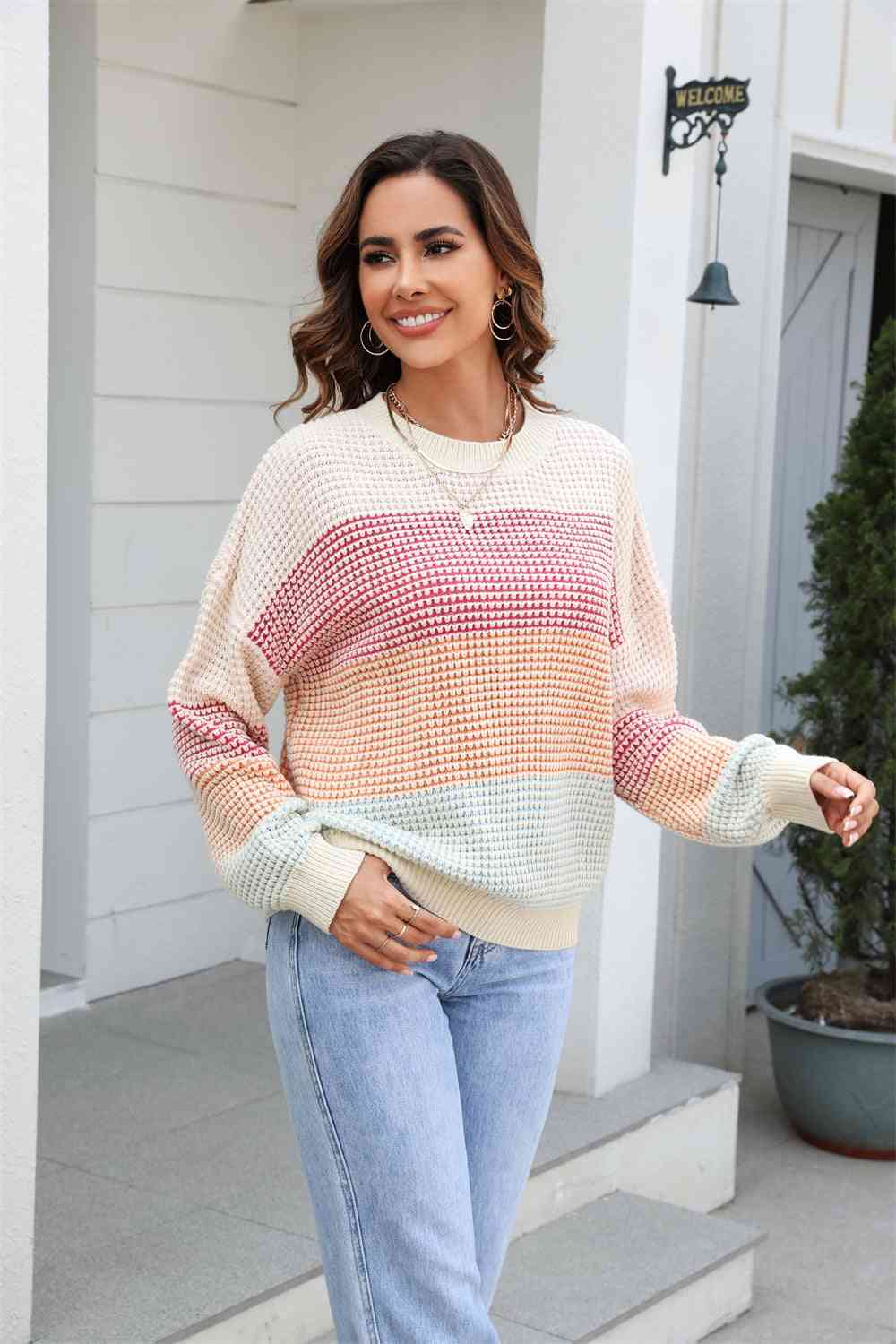 Waffle-Knit Round Neck Dropped Shoulder Color Block Sweater - Deals DejaVu