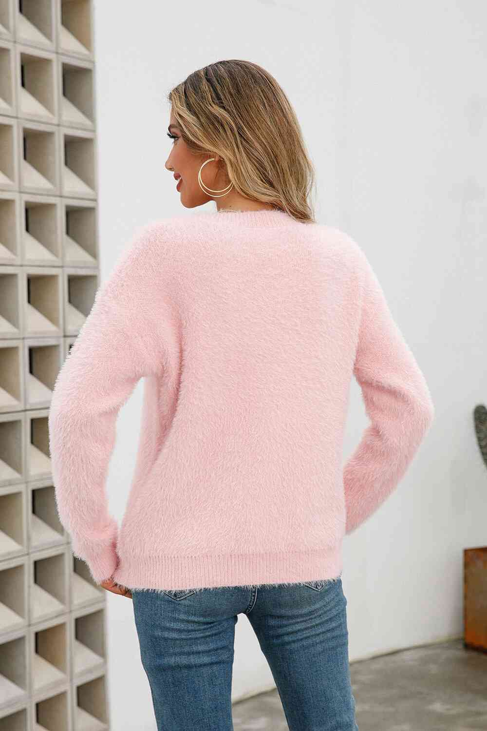 Dropped Shoulder Round Neck Fuzzy Sweater - Deals DejaVu