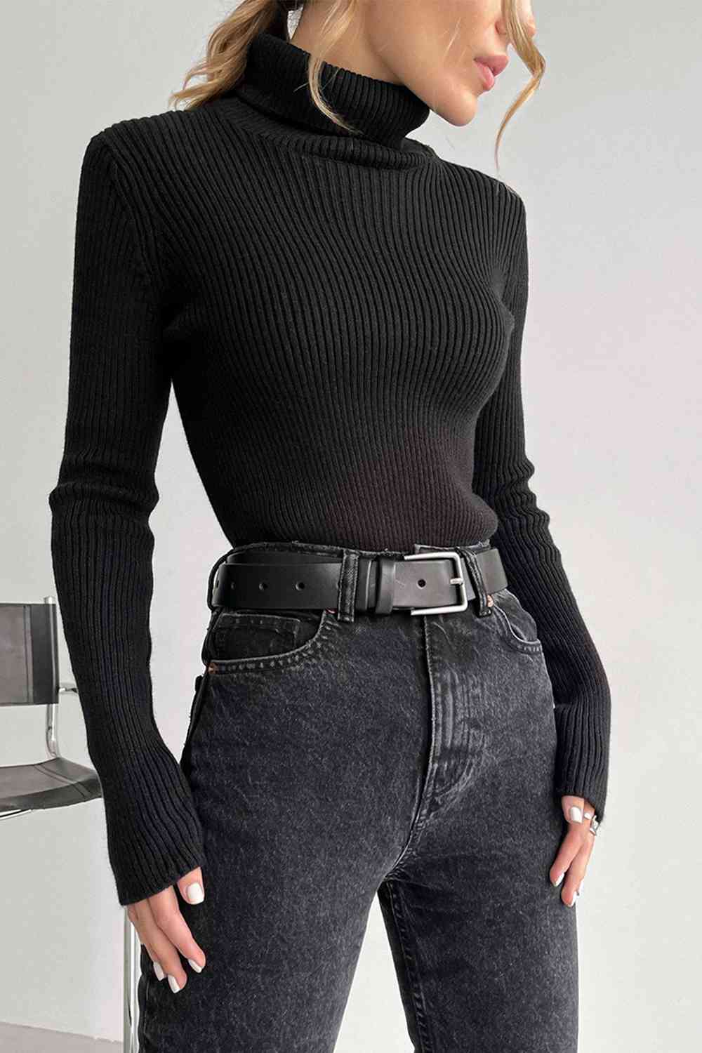 Ribbed Turtle Neck Long Sleeve Sweater - Deals DejaVu