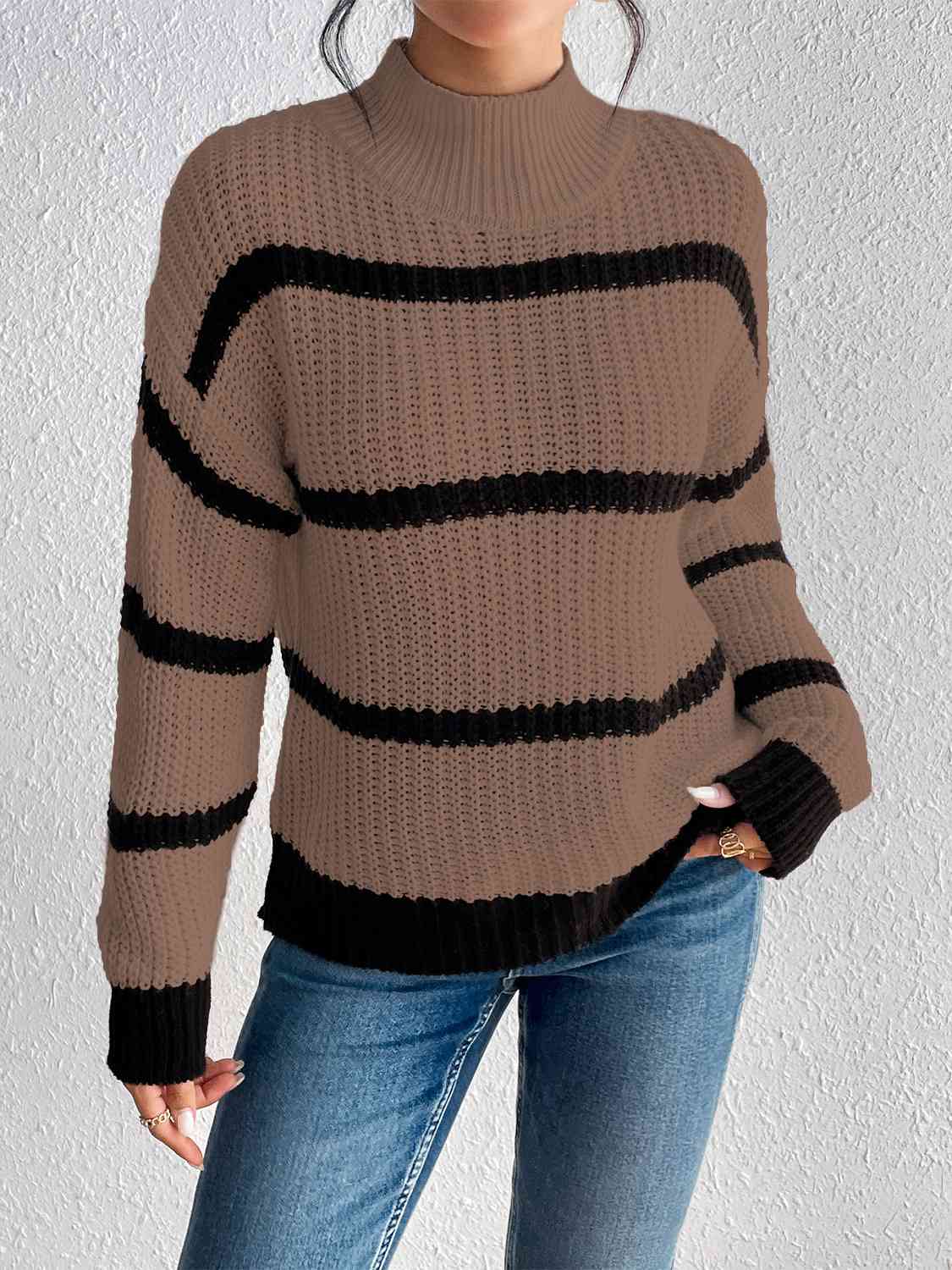 Striped Mock Neck Sweater - Deals DejaVu