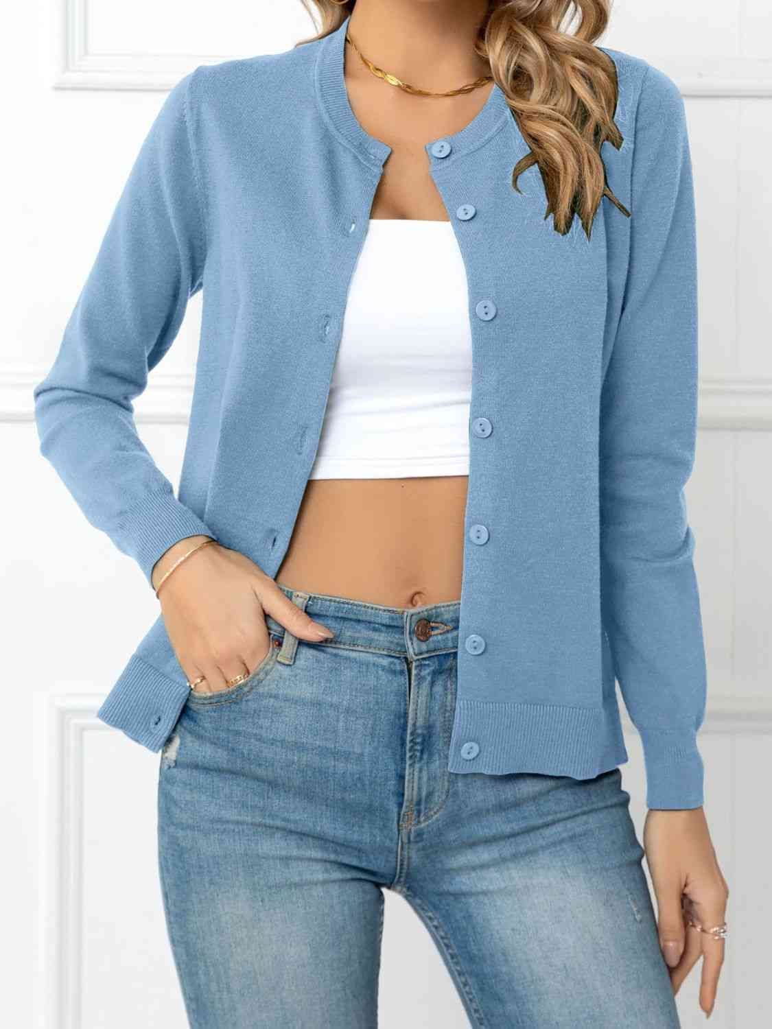 Button Down Round Neck Cardigan - Deals DejaVu