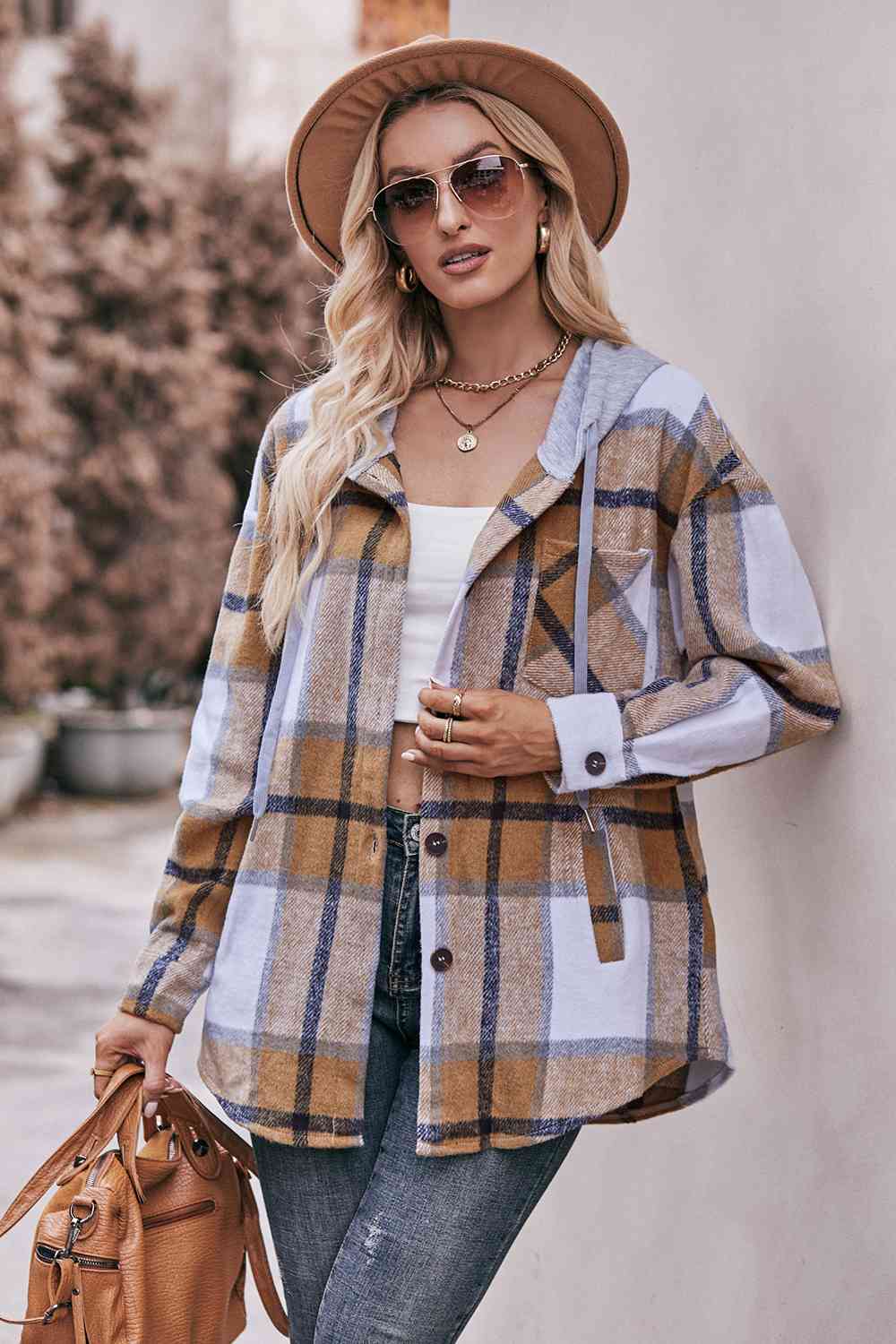 Plaid Dropped Shoulder Hooded Jacket (BFD) T - Deals DejaVu