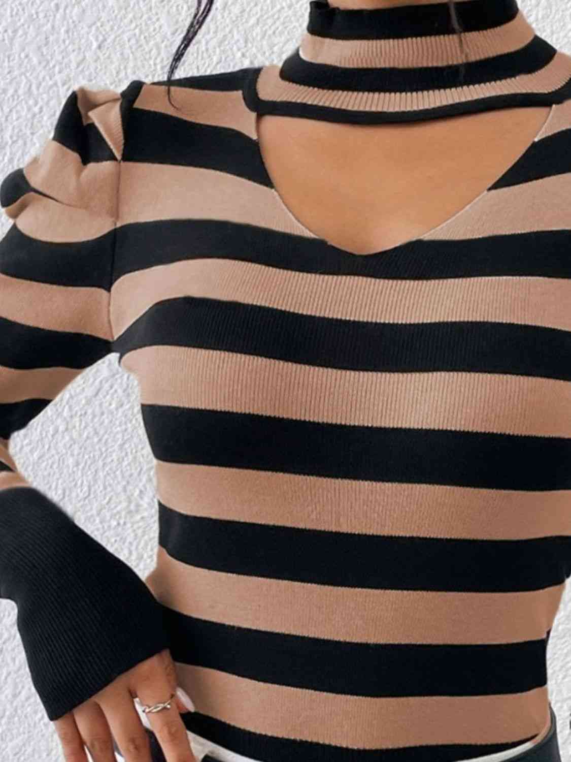 Striped Cutout Mock Neck Knit Top - Deals DejaVu