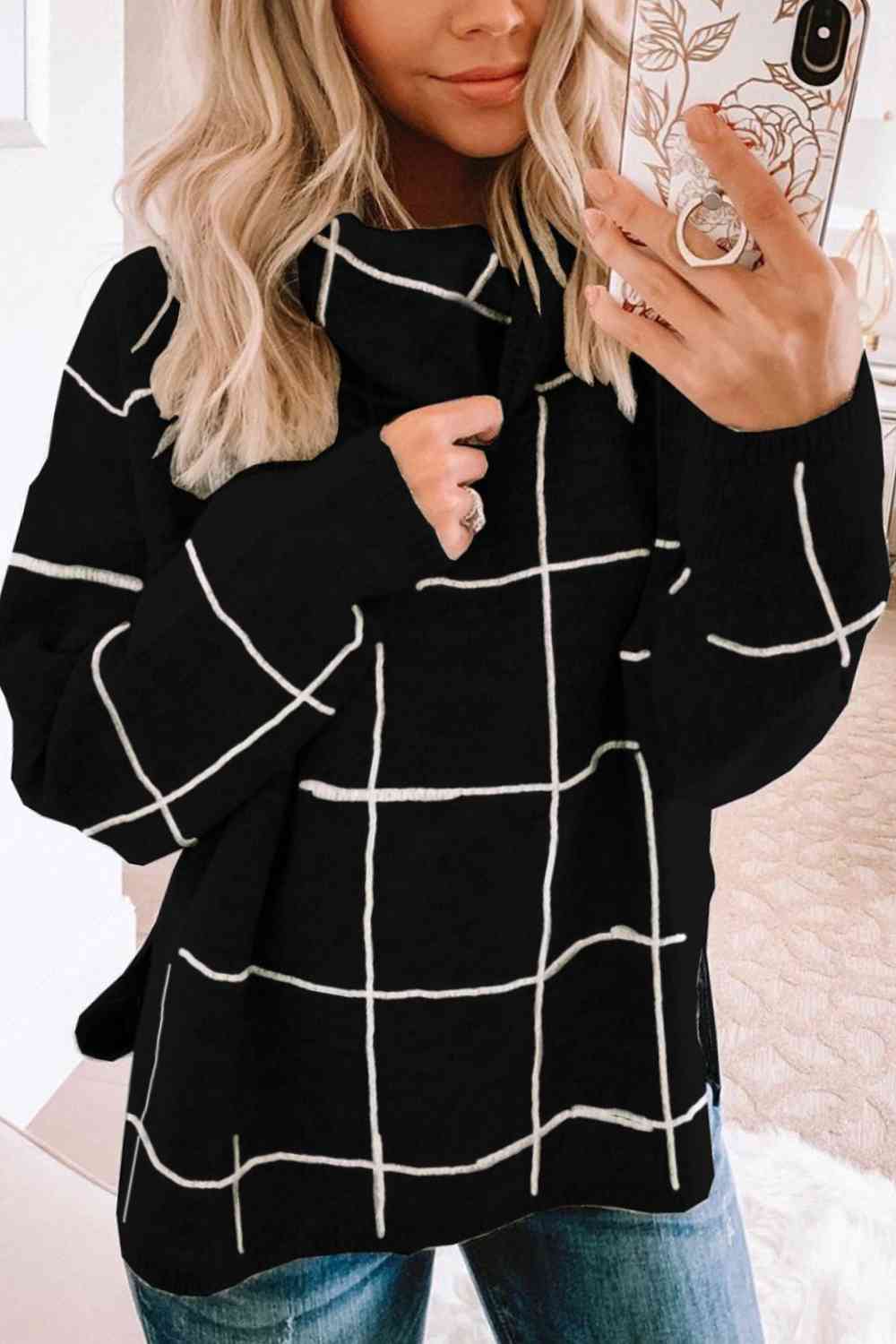 Plaid Turtleneck Drop Shoulder Sweater - Deals DejaVu