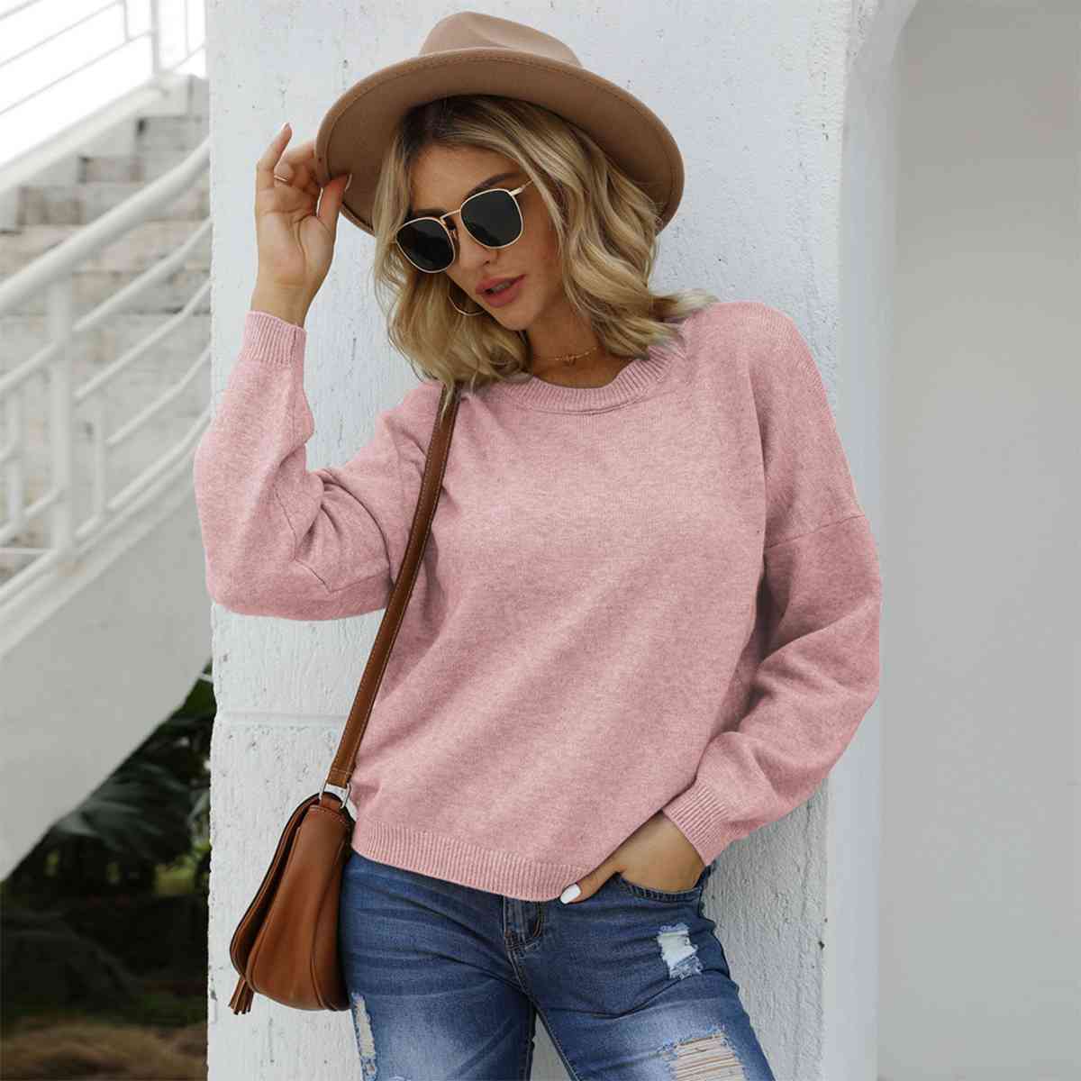 Round Neck Long Sleeve Drop Shoulder Sweater - Deals DejaVu