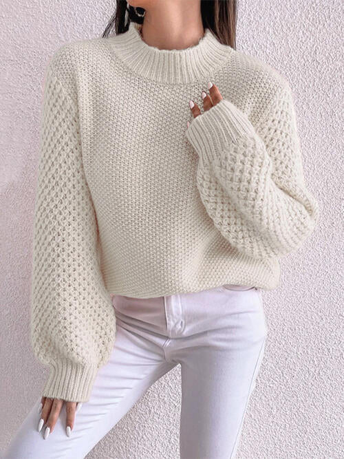 Openwork Mock Neck Long Sleeve Sweater - Deals DejaVu