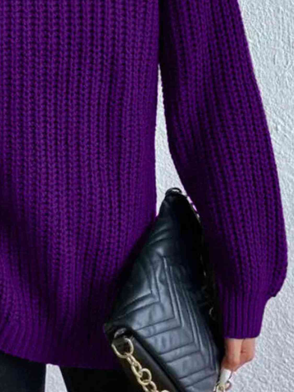 Full Size Turtleneck Rib-Knit Slit Sweater - Deals DejaVu