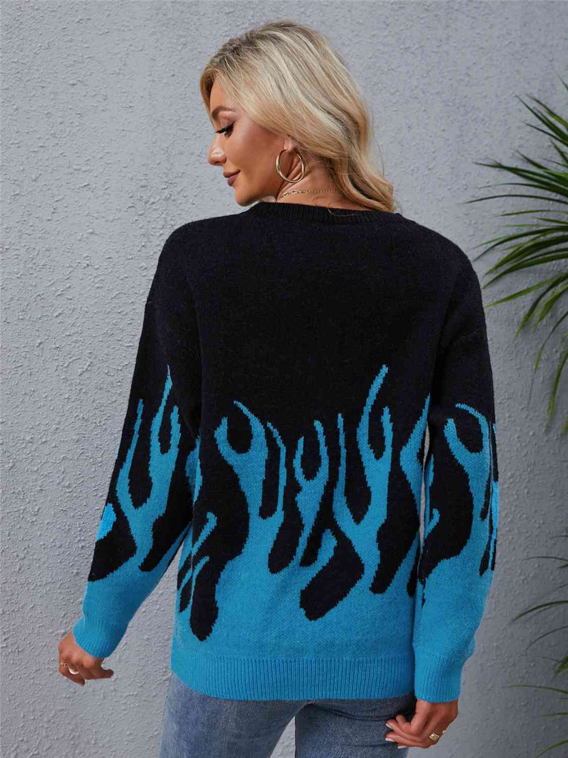 Printed Round Neck Long Sleeve Sweater - Deals DejaVu