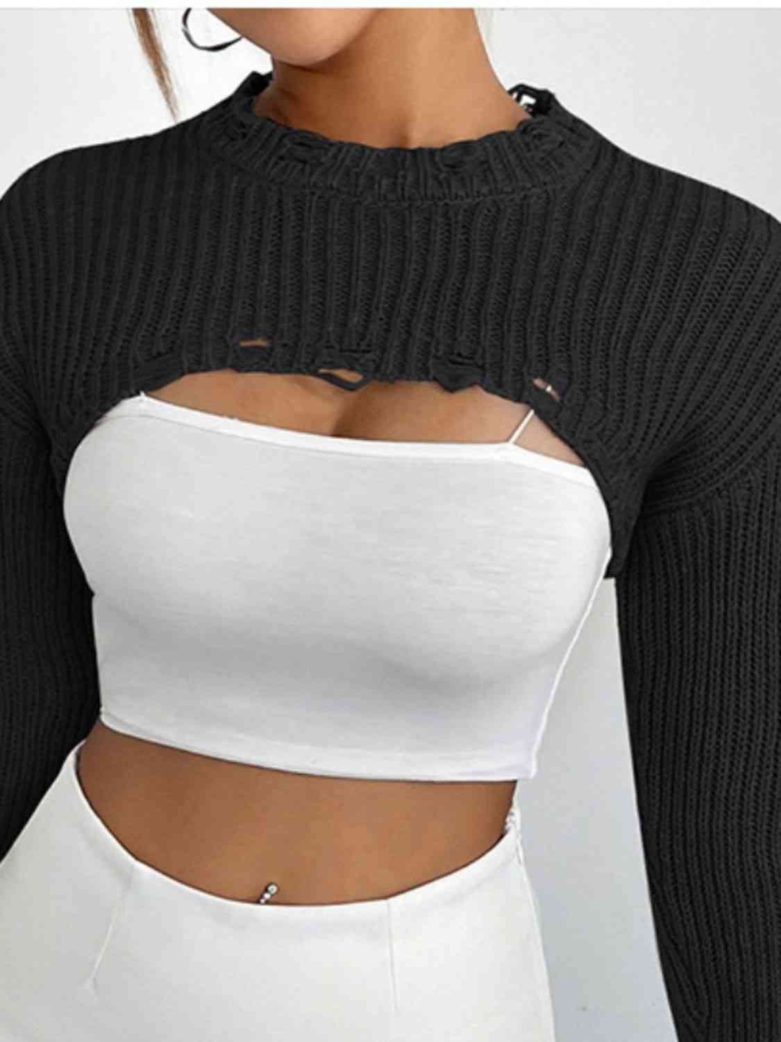 Distressed Long Sleeve Cropped Sweater - Deals DejaVu