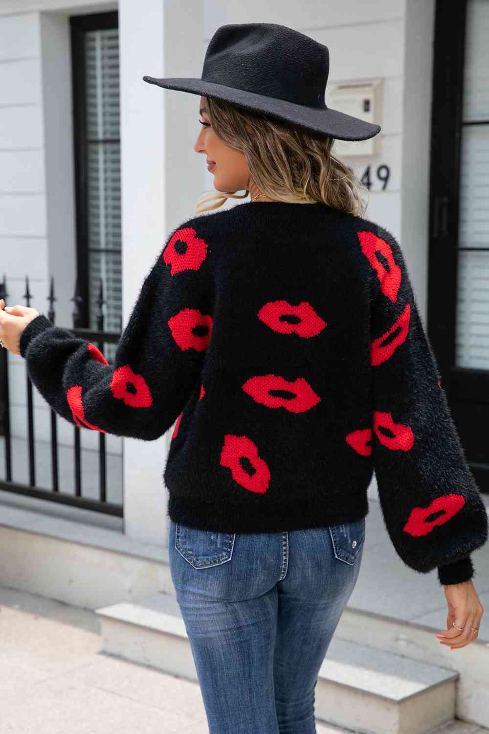 Printed Round Neck Long Sleeve Fuzzy Sweater - Deals DejaVu